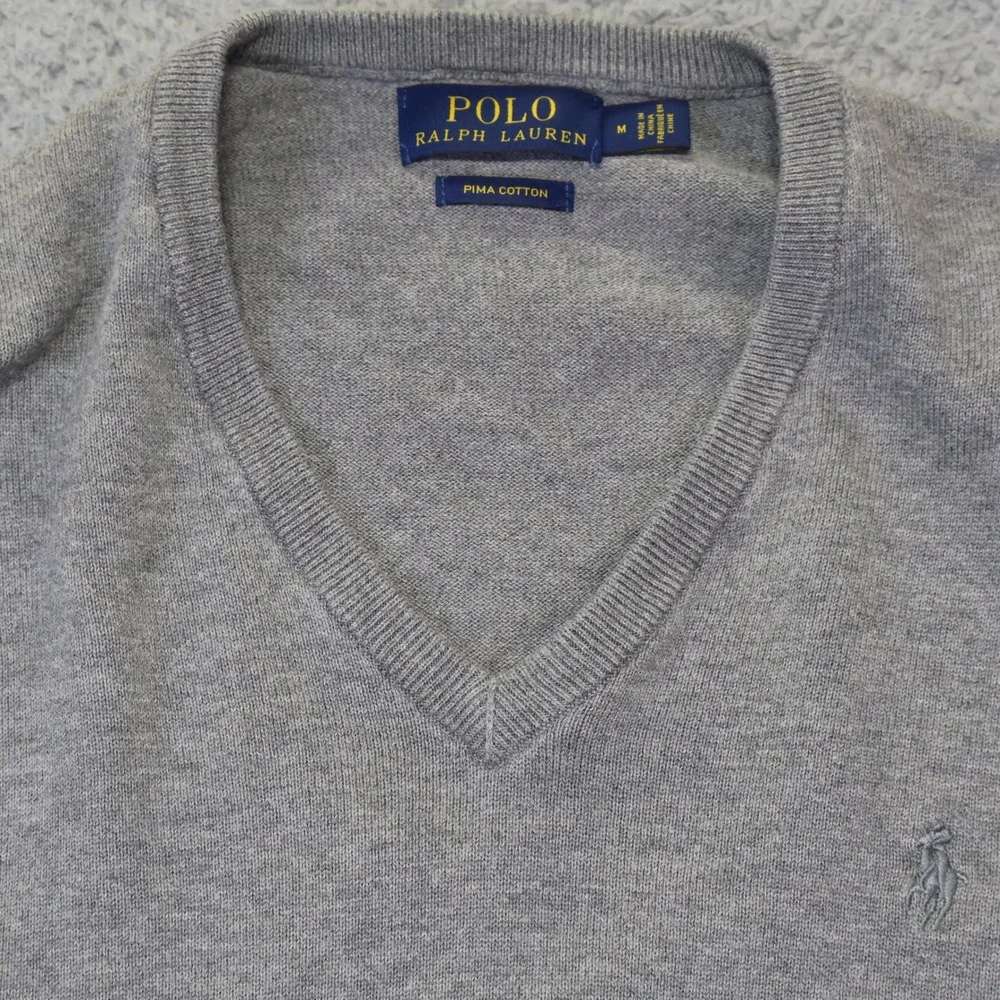 Polo Ralph Lauren Mens Grey Pima Cotton V-Neck Sweater Size M Pony Logo 2426